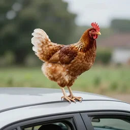 a chicken on top of a car