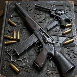 carving in dark black steel of machine guns shotguns rifles revolvers bullets, dark vintage paperback cover, ultra-realistic, intricate details, 4k