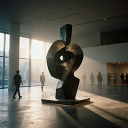 brutalist museum interior with a big abstract sculpture, (((((blurred silhouettes of people walking in the distance))))), sun rays at sunset, hard shadows, volumetric fog, Hyper realistic film photography by Yohji Yamamoto, Zeiss 24mm f2.8, Hasselblad, insanely detailed, sharp focus