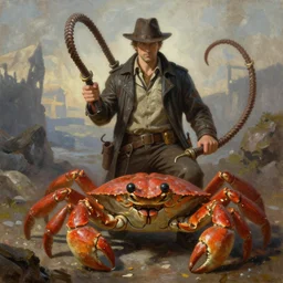 High fantasy detective with whips with crab companion, RPG Scene, Oil Painting, octane render, Trending on Artstation, Insanely Detailed, 8k, UHD