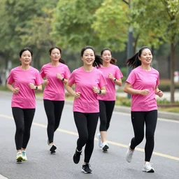 group of woman running with pink t-shirts