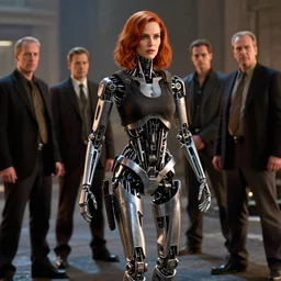 stiff intense robotic gait. screenshot of a scene showing christina hendricks as the t - x terminatrix in terminator 3 ( 2 0 0 3 ). 8 k. hdr. global illumination. radiant light. lighting by james gurney. characters by norman rockwell, ilya kuvshinov, artgerm, and sakimichan.
