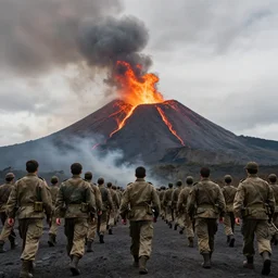 an army of men walk towards an erupting volcano, cloudy day, photorealistic, two thousand and twelve.