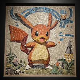 Mimikyu pokemon Pompeii mosaic, color, broken, archaeology, cinematic