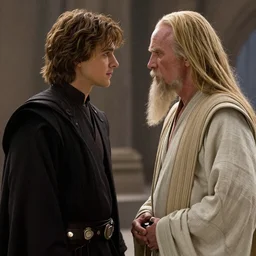 movie still from Star Wars: Episode III - Revenge of the Sith of Anakin Skywalker and Chancellor Palpatine looking into each other's eyes romantically