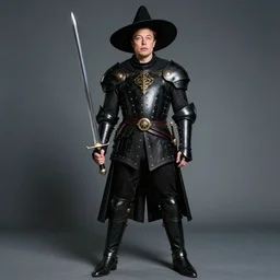 full body photo of elon musk cosplaying a musketeer, he has a big black hat and holds a shiny sword