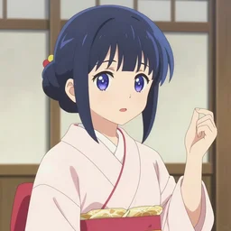 girl ; dark blue hair ; starry eyes ; bright colours ; idol ; wearing kimono ; summoning a friendly spirit ; drawn by mengo yokoyari ; digital art ; high detail ; trending on artstation ; anime key visual