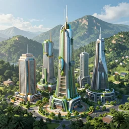 Greenpunk and solarpunk skyscrapers in a mountainous forest, bright, realistic, colorful, afternoon