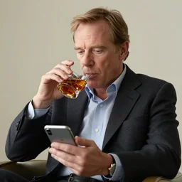 jon hamm as don draper drinking whiskey while using an iphone