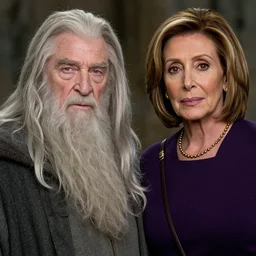 a frame from the film the lord of the rings featuring nancy pelosi as gandalf, photorealistic faces, hd