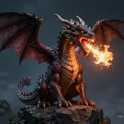 The head of an angry dragon, breathing fire, sitting on a rock, at night. Fantasy Demo in Unreal Engine 6.