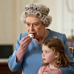 Queen Elizabeth 2 eat the soul and youth of a young girl, highly detailed, digital painting, artstation, concept art, smooth, sharp focus, illustration