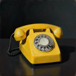 Edward hopper painting of a yellow rotary phone, dark colours, dark background, a lot of shadows