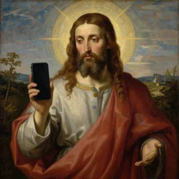renaissance oil painting prophet holding the holy iphone mobile phone of god