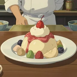 a delicious beautiful plate of food, amazing food illustration, chef table, in style of studio ghibli, miyazaki, anime