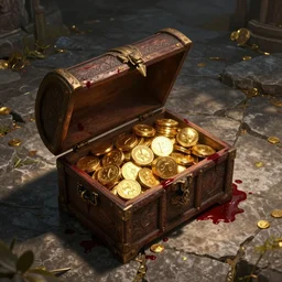 stone floor, opened chest full of gold, bloody, dnd fantasy digital art, high detail, realistic
