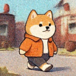 anthropomorphic Shiba Inu, Barbour jacket outfit, cute, short, walking, rust belt town, artstation, digital art, orange colors