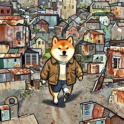 anthropomorphic Shiba Inu, Barbour jacket outfit, cute, short, walking, rust belt town, artstation, digital art, orange colors