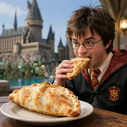 harry potter and minecraft dream eating a calzone inside hogwarts castle