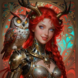 the goddess artemis smirking with mechanical owl perched on her shoulder, steampunk, glowing eyes, volumetric lights, red and cyan theme, art nouveau botanicals, intricate, highly detailed, digital painting, artstation, concept art, smooth, sharp focus, cinematic, illustration, beautiful face, art by artgerm and greg rutkowski and alphonse mucha