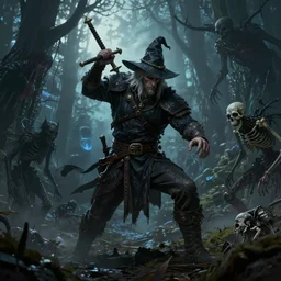 superb masterpiece digital illustration of stalin witcher, combat ready against the creatures of the night, enchanted forest, dreamy, macabre, skeletal figures, spectres, solitude, uneasy, action sequence, hyperrealist, ultra detailed, intricate, dark fantasy, concept art, uhd, octane render, unreal engine 5, cinematic