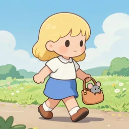an cartoonish painting of a cute blonde girl walking on a sunny day, carrying a handbag with a cute mouse in it, the grey mouse is peeking out of the handbag. Trending on artstation, wide angle, ultra HD, stunning 8k resolution