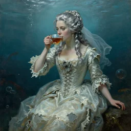 a 1 8 th century, silver haired, ( ( mad ) ) ) elf princess look like ( ( young kate winslet ) ), dressed in a ragged, wedding dress, is drinking a cup of tea. everything is underwater, floating. greenish blue, theatrical, oil canvas by greg rutkowski, artgerm