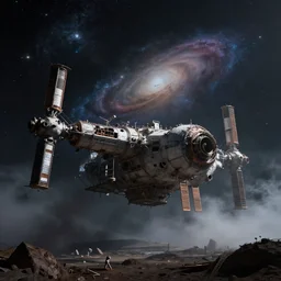 a outside view of abandoned space station in the deep space, cinematic view, epic cosmic galaxy sky, detailed, concept art, low angle, high detail, darksynth, volumetric, ominous, misty, beautiful, trending on artstation, by jordan grimmer and wadim kashin, huge scene, zaha hadid