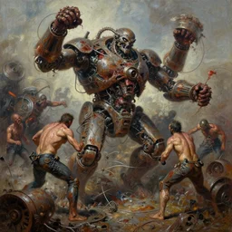 oil paint of flayed god machines, cluster battle chaos, intricately macerated by age, sentient, dethroned goliath machine, whipping blood turbines, hydrocracking battles, rusted, macerated, eviscerated by fimbria wires, alex ross, simon bisley & boris vallejo, enric torres, hyper realism, cinematical, narrative light,