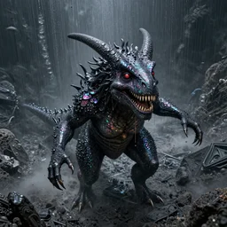 pearlescent black lilith! the mother of all monsters!! smiling, covered in iridescent glitter!!, raining ash, fine art masterpiece, highly detailed dino valls wayne barlowe machiej kuciara, dramatic lighting, long shot, high angle, uhd 8 k, sharp focus