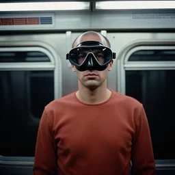 divers in divings masks in subway, ominous lighting, richard avedon, tri - x pan