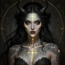 portrait of lilith, intricate ritualistic tattoos, glowing ceremonial markings, dark, evil, elegant, highly detailed, digital painting, artstation, smooth, sharp focus, illustration, art by nekro borja and greg rutkowski and alphonse mucha, concept art for diablo