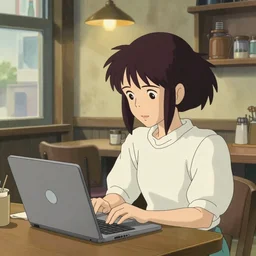 woman at a coffee shop using a laptop, art by hayao miyazaki