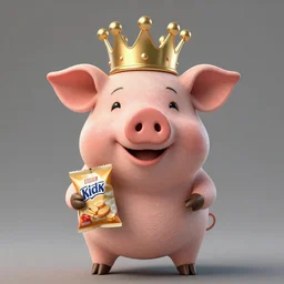 photo of puppet pig wearing a gold crown holding snack bags 8k resolution, award winning, realistic, cinematic concept art