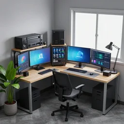 detailed scifi artstation scene of a complex computer workstation in a small studio apartment room, a potted plant, many monitors, many electronics, a window view, window curtain, maximalism, ambient occlusion, volumetric light, sunny amber morning light, sun beam, atmospheric haze, unreal engine, hyperrealism, realistic shading, blender render, photorealistic, wide shot