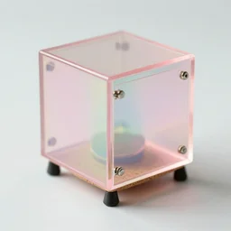 high fidelity film photographic anthropological alien object study. iridescent hard surface cube machine, thin cork base, rubber nib feet, button interface. pastel pink perspex. motorised doors. three point light. soft focus.