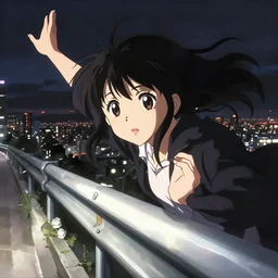 anime visual, portrait of a young female sightseeing above the city, guardrail, cute face by yoh yoshinari, katsura masakazu, dramatic lighting, dynamic pose, dynamic perspective, strong silhouette, ilya kuvshinov, anime cels, 1 8 mm lens, fstop of 8, rounded eyes, moody, detailed facial features