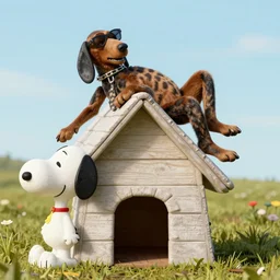 snoop dog lying on top of snoopy's dog house, high detail