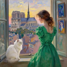 woman in green dress with city with cathedral seen from a window frame at sunset. fuzzy white cat. monet, henri de toulouse - lautrec, utamaro, matisse, felix vallotton