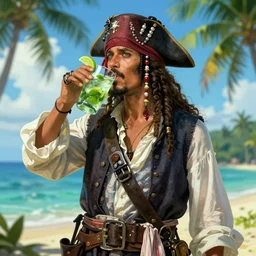 a ghost pirate dinking a mojito on a tropical island, digital art, sharp focus, concept art - n 4