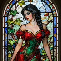 a stunning stained glass window of a beautiful poison ivy with black hair tied in a braid and wearing a seductive red and green dress, dark eyeliner, intricate, elegant, highly detailed, digital painting, artstation, concept art, sharp focus, illustration, art by greg rutkowski and alphonse mucha