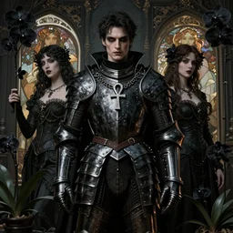 a stunning gothic knight by tom bagshaw, alphonse mucha, donata giancola, mary jane ansell, wearing an ornate black armor, ankh necklace, horror, black magic, black orchids, gothic, dark academia, atmosphere, realism, octane render, dof, hyperdetailed, 8 k,