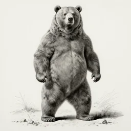 full body grayscale drawing by Gustave Dore of muscled humanoid bear beast in heroic pose, swirling flames in background