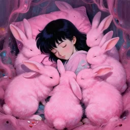 Keeping you sane, And you fade away just enough, You felt the edge again, You took two pills And you fell asleep, Hugging six rabbits And having pink nightmares, concept art, trade on artstation, sharp focus, psychedelic, by Yoshitaka Amano, Mark Ryden, Zdzisław Beksiński, Gloom, Peter Mohrbacher, fantasy art, masterpiece, Hyperrealism. Subsurface scattering. Octane Render. Weirdcore
