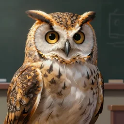 a stern looking owl girl dressed as a teacher, digital art
