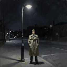 a painting of a man in a trench - coat standing under a bright street lamp on an empty street with a dark cityscape in the background with a star filled sky. featured on artstation. painting. noire