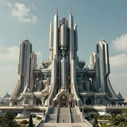futuristic temple, mechanical, symmetric, solarpunk, technological, utopia, art by Tom Bagshaw