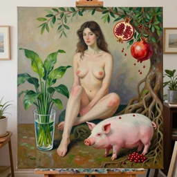 a female art student in her apartment, sensual, plants in glasses, pig, butress tree roots, pomegranate, berries dripping, acrylic on canvas, surrealist, by magritte and monet