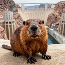 selfie of a beaver at the Grand Hoover Dam, illustrated by Beatrix Potter