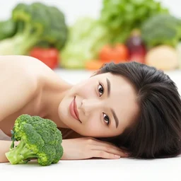 a portrait of a woman lying down, with broccoli hair, against a background of vegetables, high definition, 50mm, bokeh, vibrant